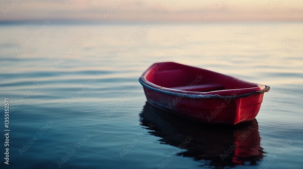 Poster serene red boat floating calmly on crystal clear water at sunset : generative ai