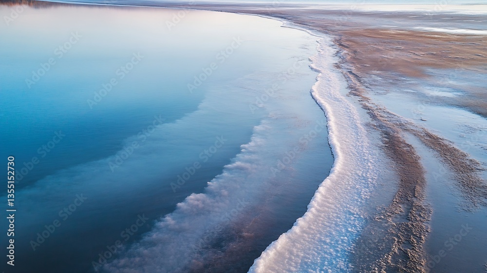 Poster Aerial view showcasing the stunning coastline with calm water blending into sandy shores : Generative AI