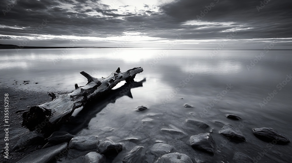 Aufkleber lonely wooden log washed ashore surrounded by smooth stones under a calm cloudy sky : generative ai