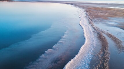 Aerial view showcasing the stunning coastline with calm water blending into sandy shores : Generative AI