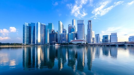 Fototapeta premium Stunning skyline of a modern city reflected in calm water during golden hour : Generative AI