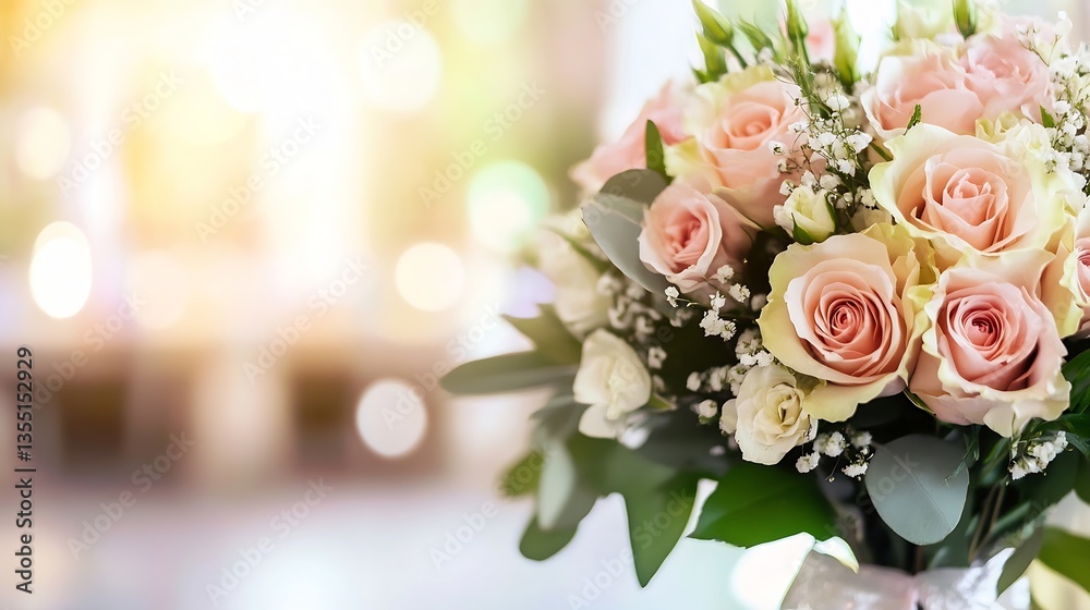 Poster beautiful bouquet of pastel roses surrounded by greenery with soft light in the background for elega
