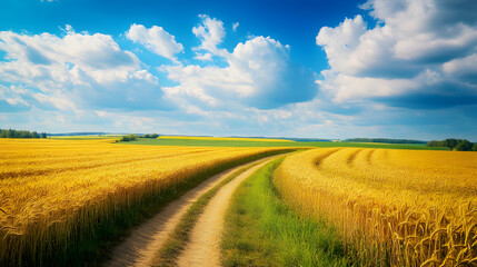 Obraz premium A golden wheat field path stretching into the horizon, surrounded by vibrant green grass.