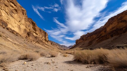 Breathtaking landscape of a dry riverbed surrounded by towering cliffs under a clear blue sky : Generative AI
