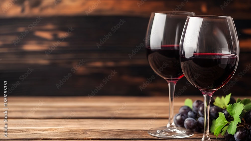 Poster Elegant glasses of red wine on a rustic wooden table with a backdrop of delicious grapes and leaves : Generative AI