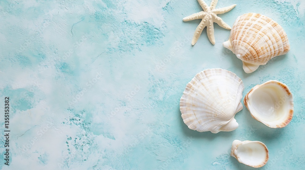 Aufkleber collection of beautiful sea shells with starfish on a textured aqua background : generative ai