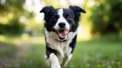 Fototapeta premium Happy black and white dog running joyfully on a grassy path with sunlight filtering through trees : Generative AI