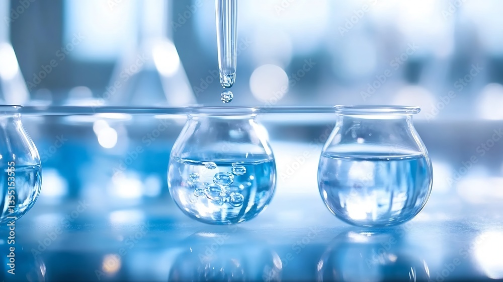 Poster laboratory scene with dropping liquid into glass flasks highlighting scientific experimentation and 