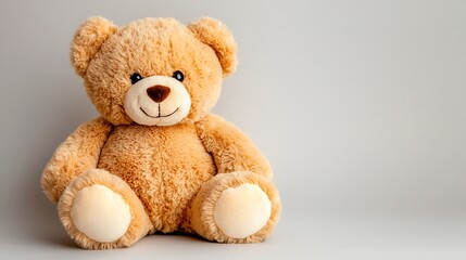 Obraz premium Soft and Cuddly Teddy Bear Sitting on a Light Gray Background with a Friendly Smile and Plush Texture