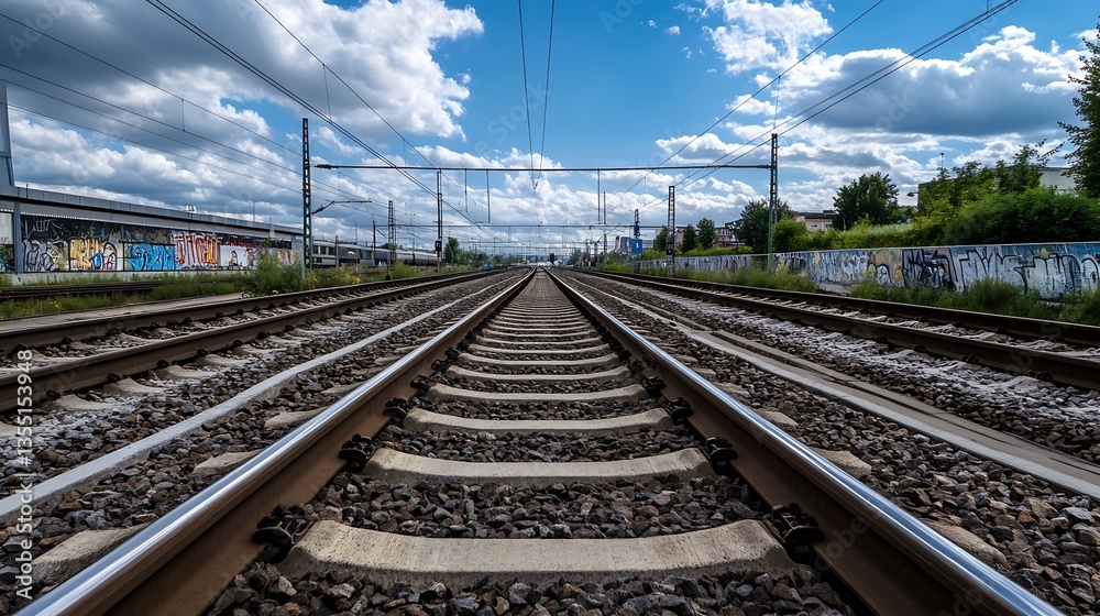 Poster perspective view of train tracks stretching towards the horizon : generative ai