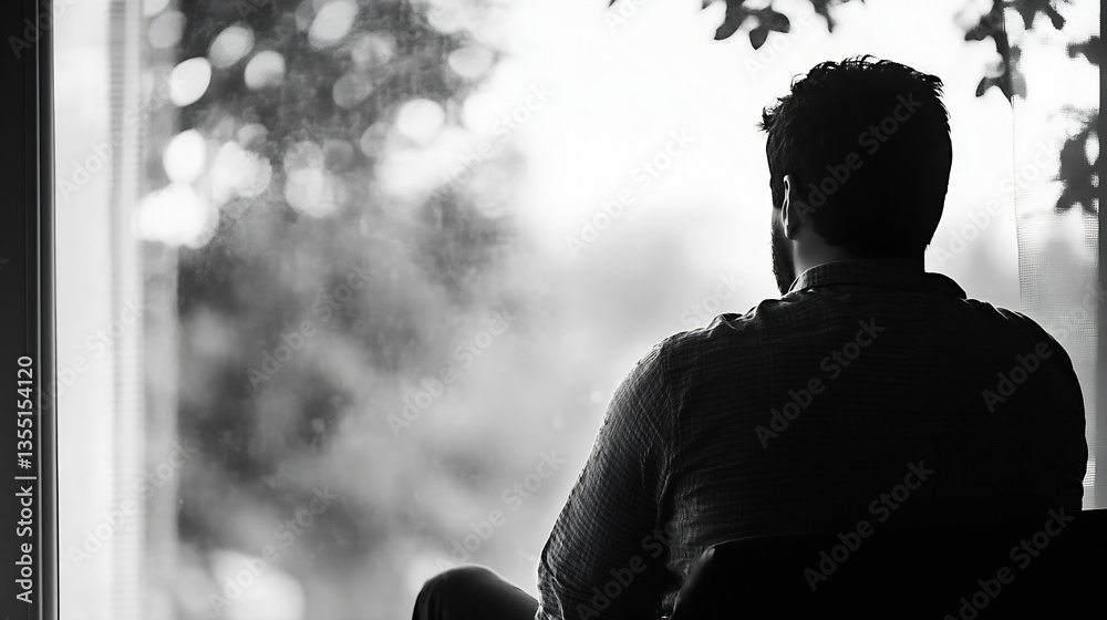 Aufkleber thoughtful man gazing out the window in black and white reflecting on life and solitude : generative