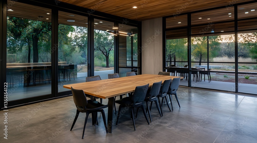 Poster modern interior space featuring a sleek wooden dining table surrounded by black chairs in an openpla