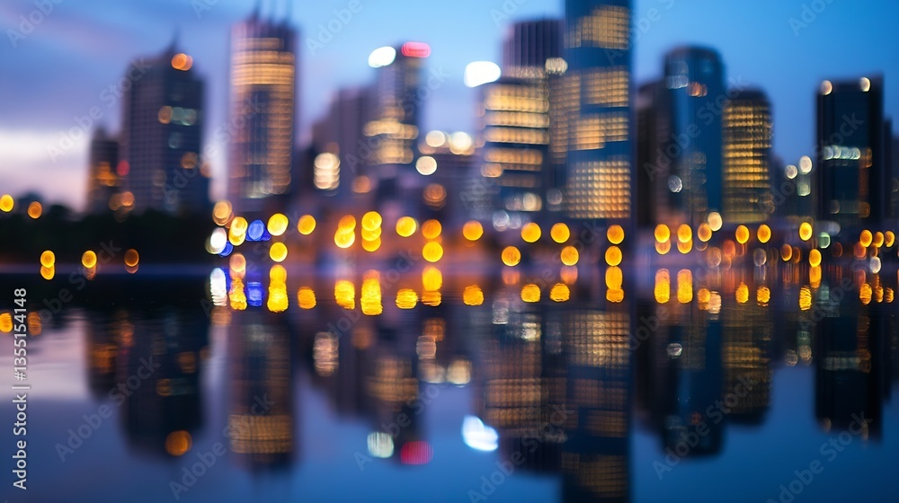 Poster blurred city lights reflected on water surface at night with beautiful bokeh : generative ai