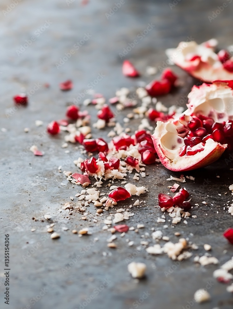 Poster Pomegranate Seeds Burst from Split Fruit on Textured Gray Surface Enriched with Natural Elements : Generative AI