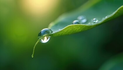 Close-up photo of water droplet suspended on leaf tip. Captures the droplet delicate balance, clarity, purity, freshness. Natural background, green tones, pure, clean, serene, macro photography.