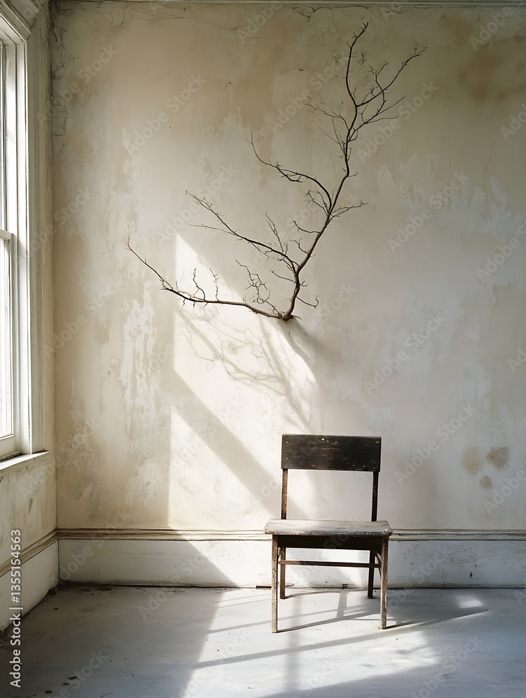 Poster minimalist interior featuring a rustic wooden chair and a shadow cast by a delicate branch against a