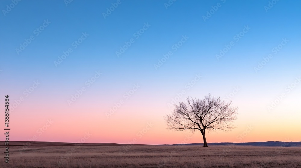 Poster Solitary Tree Standing Alone in a Vast Field Against a Gradient Sky at Dusk : Generative AI