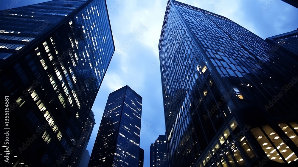 Poster Stunning view of modern skyscrapers at dusk with illuminated windows and dramatic sky : Generative AI