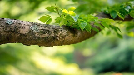 Closeup view of a tree branch with vibrant green leaves against a blurred natural background : Generative AI