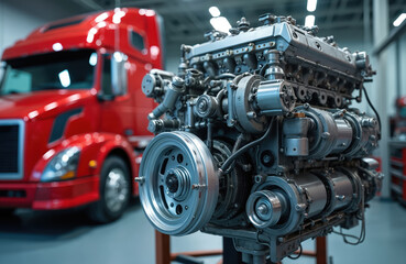 Fototapeta premium Disassembled truck engine in repair service. Heavy machinery, diesel motor vehicle part close-up. Red truck blurred background. Maintenance, repair, diagnostics in workshop. Industrial auto service.
