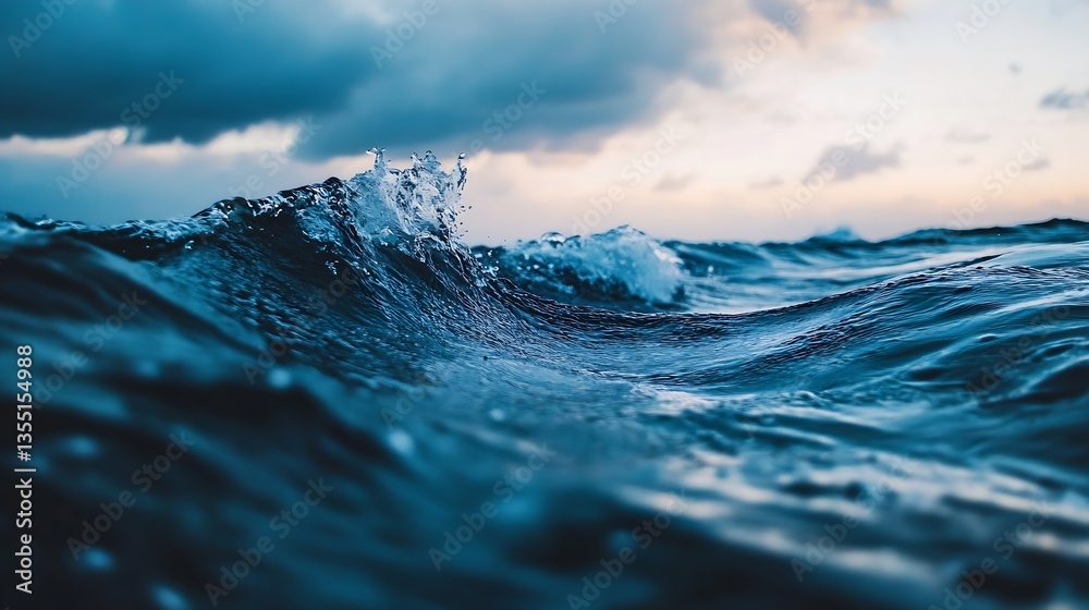 Poster dynamic ocean waves crashing and swirling under a soft cloudy sky at sunset : generative ai