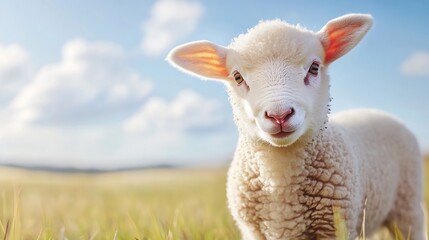 Obraz premium Adorable lamb standing in a vibrant green field under a bright blue sky with fluffy clouds : Generative AI