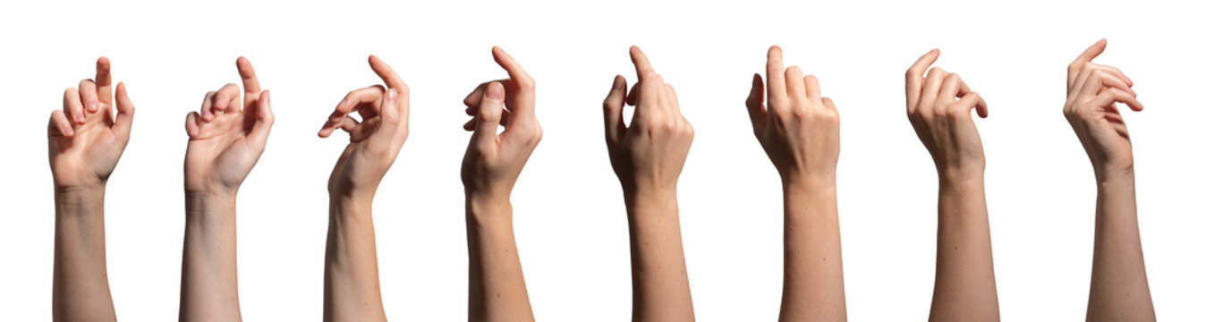Arm and hand pointing series, indicating a choice or action. Female person using index finger to