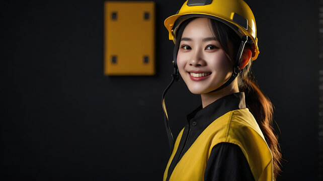 Portrait de trois quarts d'une Femme asiatique logisticienne ou ouvri&egrave;re souriante isol&eacute;e sur fond noir, elle porte un casque jaune et un gilet jaune 