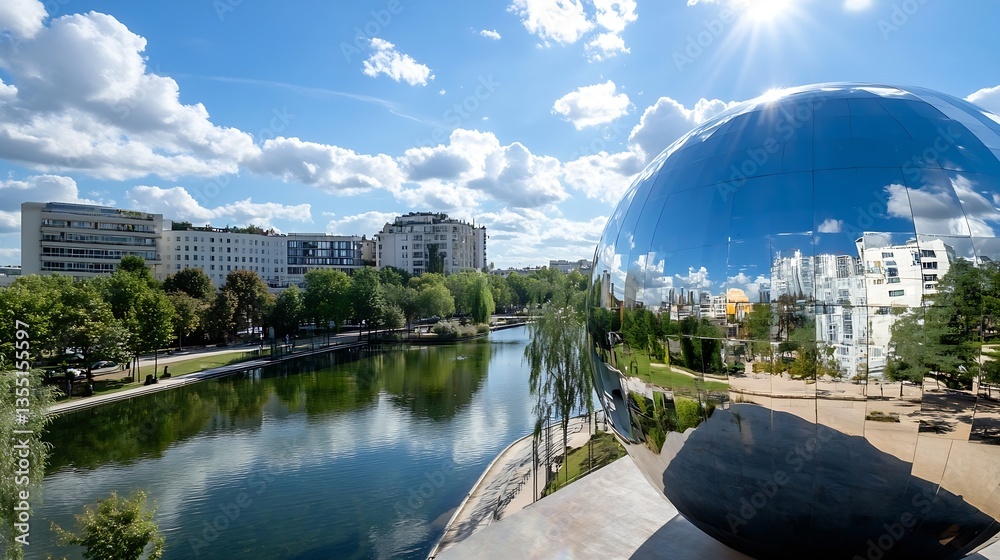 Poster contemporary urban park with a unique spherical structure and lake reflecting the sunny sky : genera