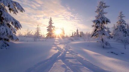 Serene winter landscape with snowcovered trees and a breathtaking sunrise in the background : Generative AI