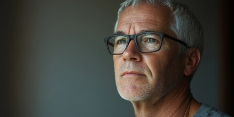 A thoughtful older man gazes out the window. His silver hair and glasses add character and wisdom. Ideal for themes of reflection and maturity in portrait photography. AI
