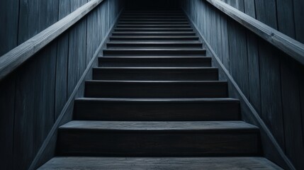Fototapeta premium Dark wooden staircase leading upwards, showing wooden handrails and steps.