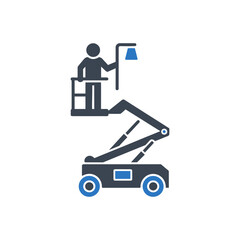 Worker Holding Flag in Lift icon