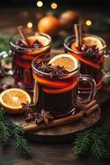 Aromatic mulled wine is simmering in glass mugs with festive spices, orange slices, and cinnamon sticks, creating a warm and inviting christmas atmosphere