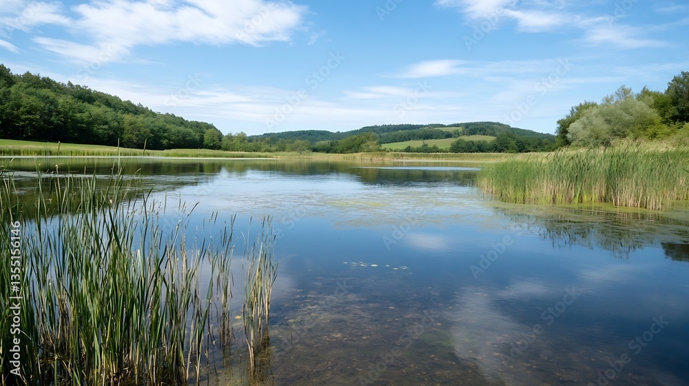 Poster serene view of a calm lake surrounded by lush greenery and rolling hills under a blue sky : generati