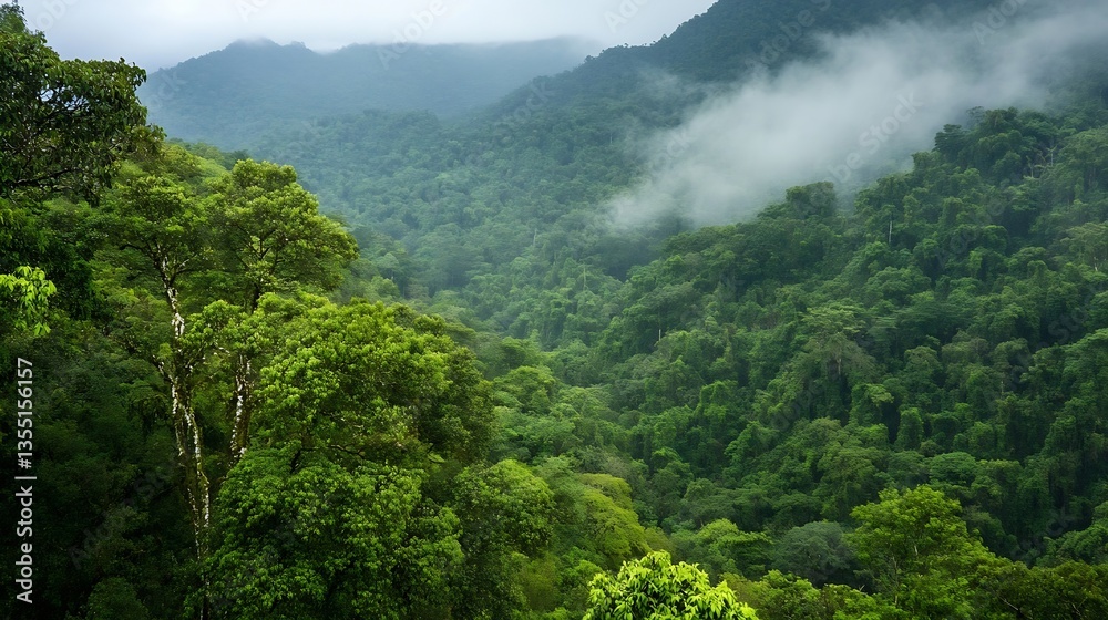 Aufkleber Lush green rainforest covered in mist and clouds with mountainous terrain in the background : Generative AI