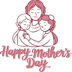 Happy Mother's Day Illustration with Mother and Two Children in Pink - Family Love Graphic