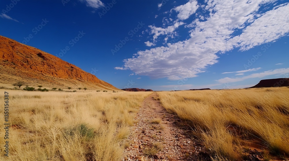 Poster scenic view of expansive desert landscape under blue sky with puffy clouds : generative ai