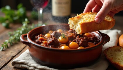 Beef bourguignon traditional stew in rustic ceramic cocotte with hand breaking crusty baguette on wooden table, rich burgundy sauce with tender meat, pearl onions and mushrooms