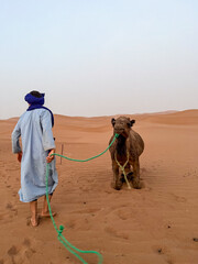 Berber man with his camel in Erg Chegaga desert, Morocco