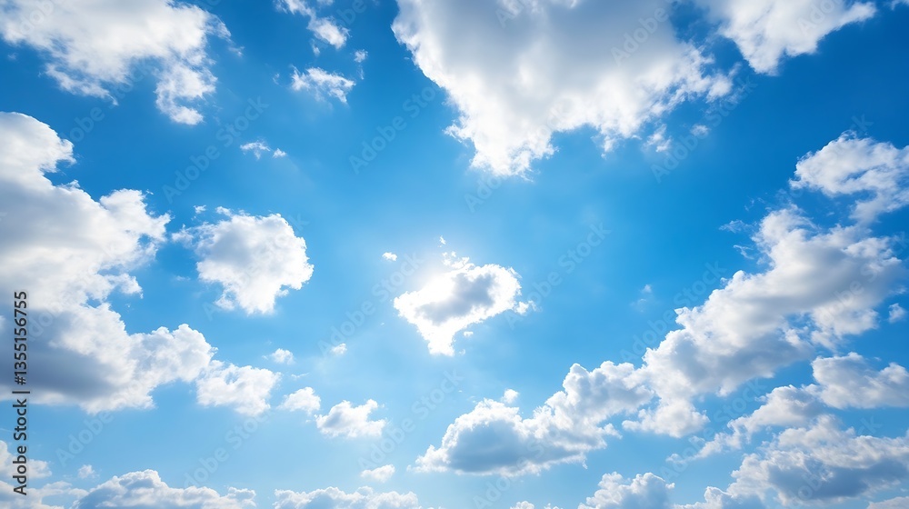 Poster vivid blue sky with fluffy clouds illuminated by bright sunlight creating a serene atmosphere : gene