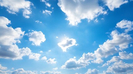 Vivid blue sky with fluffy clouds illuminated by bright sunlight creating a serene atmosphere : Generative AI