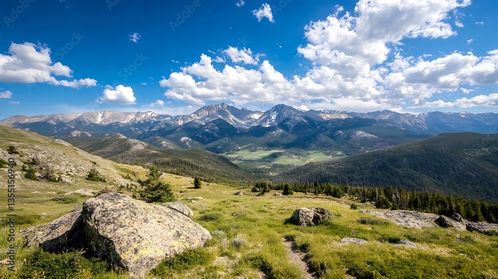 Poster breathtaking panoramic view of majestic mountains under a bright sky filled with fluffy clouds : gen
