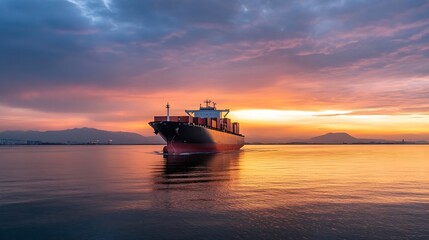 Naklejka premium Cargo ship navigating through calm waters during a stunning sunset with mountains in the distance : Generative AI