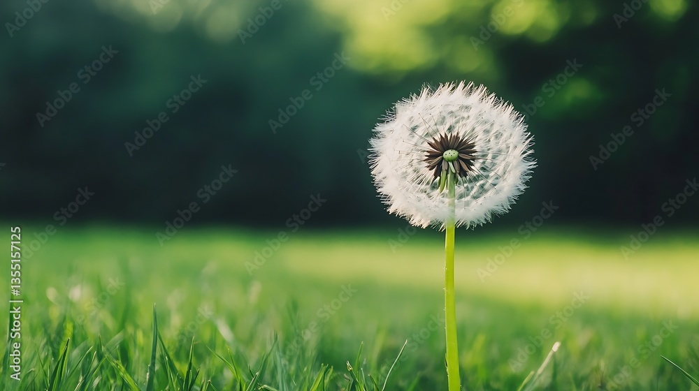 Aufkleber Delicate dandelion puff gently swaying in a lush green field under soft sunlight creating a tranquil moment : Generative AI