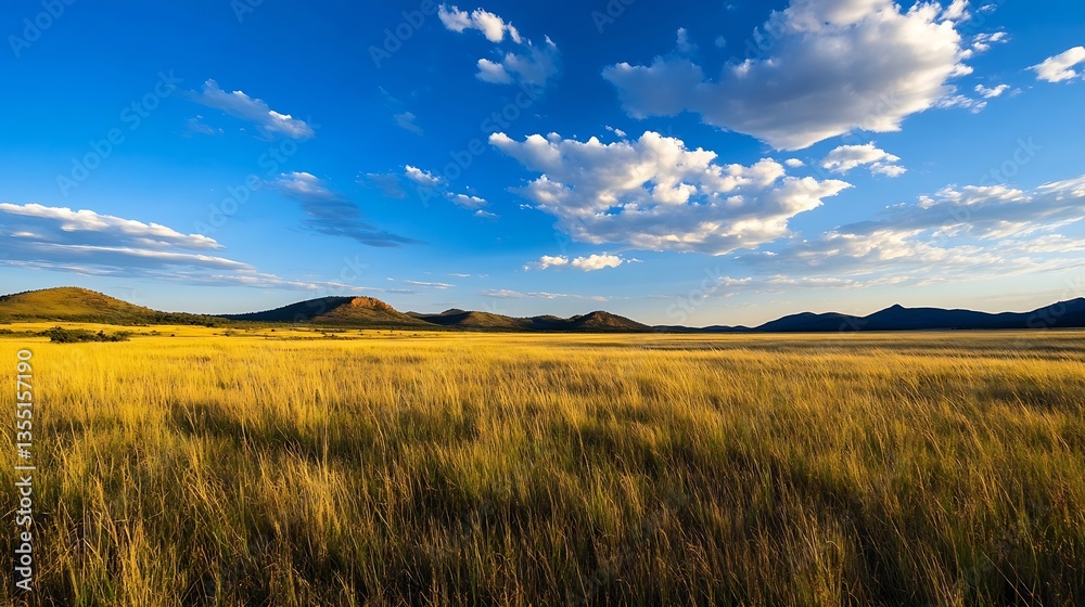 Poster breathtaking landscape view of vast grassfields and rolling hills under a clear blue sky with scatte