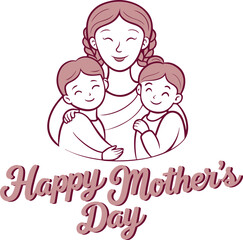 Happy Mother's Day Illustration with Mother and Two Children in Pink - Family Love Graphic