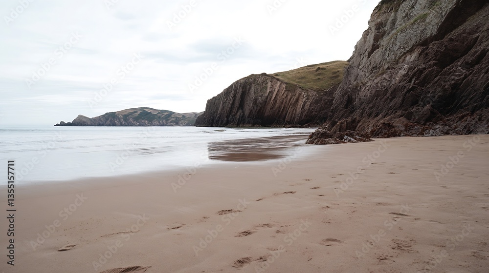 Poster tranquil beach scene with natural footprints and rocky cliff backdrop : generative ai