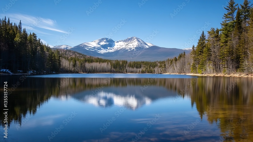 Poster stunning reflection of snowcapped mountains on a crystal clear lake surrounded by evergreen forest :