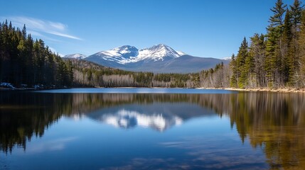 Obraz premium Stunning Reflection of SnowCapped Mountains on a Crystal Clear Lake Surrounded by Evergreen Forest : Generative AI